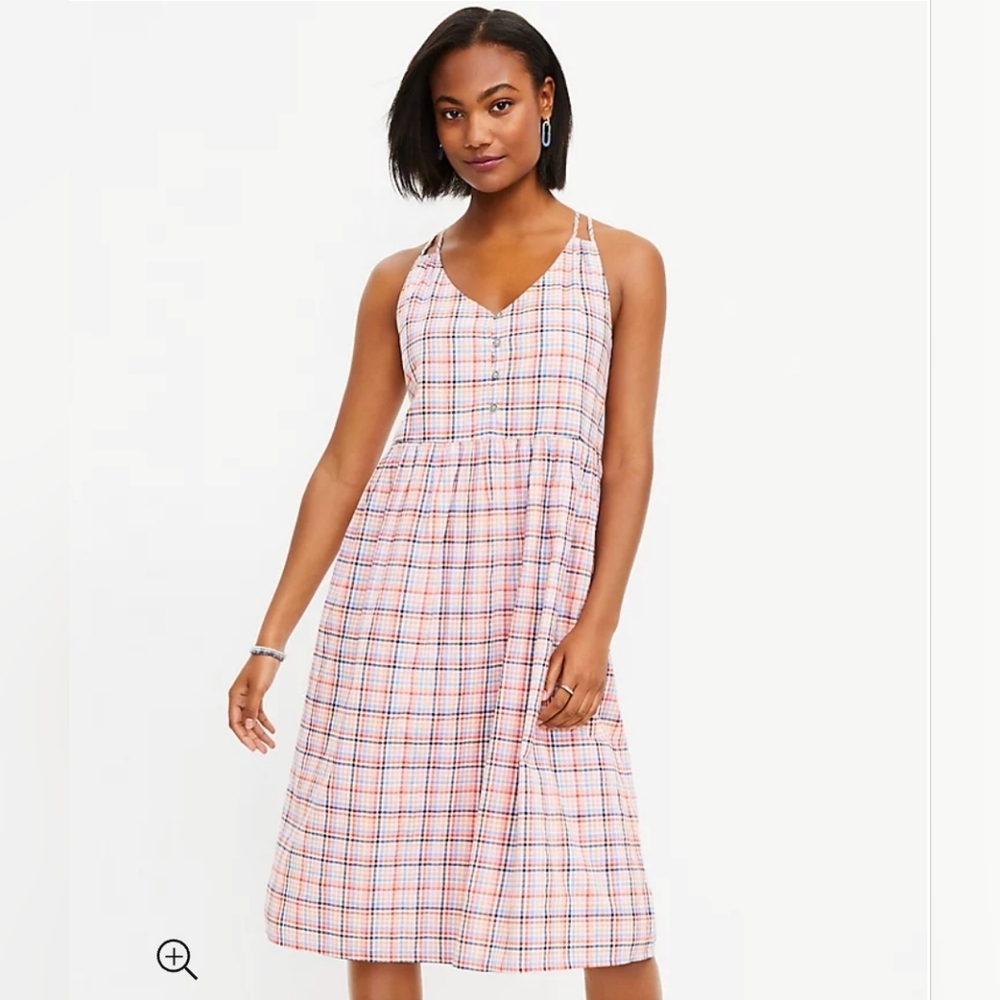 NWT LOFT Plaid Strappy Button Front Midi Dress Size 6